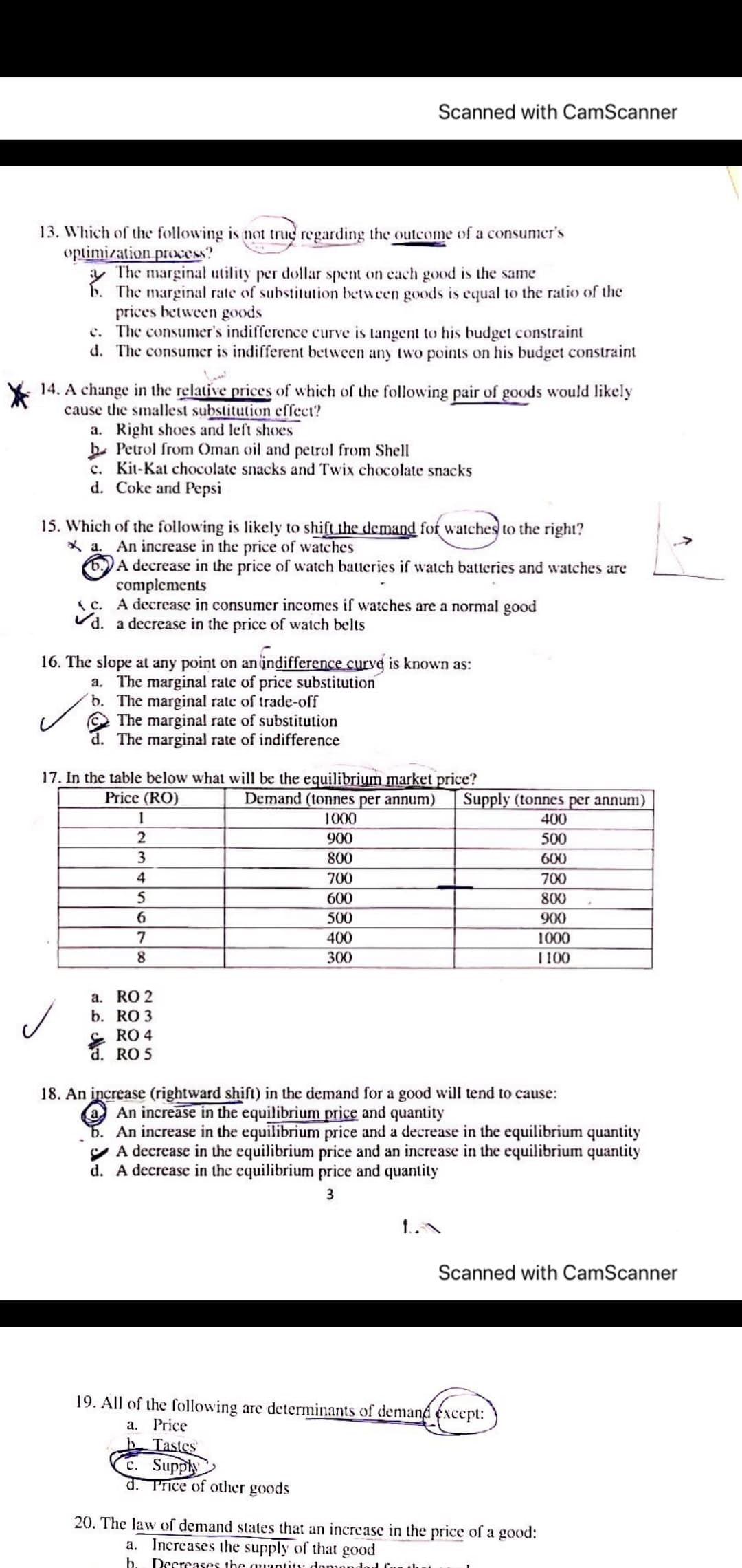 14. A change in the relative prices of which of the following pair of goods would likely
cause the smallest substitution effect?
a. Right shoes and left shoes
b. Petrol from Oman oil and petrol from Shell
c. Kit-Kat chocolate snacks and Twix chocolate snacks
d. Coke and Pepsi
