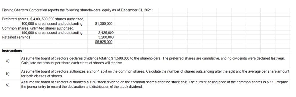 Fishing Charters Corporation reports the following shareholders' equity as of December 31, 2021:
Preferred shares, $ 4.00, 500,000 shares authorized,
100,000 shares issued and outstanding
$1,300,000
Common shares, unlimited shares authorized,
2,425,000
3.200,000
$6.925.000
190,000 shares issued and outstanding
Retained earnings
Instructions
Assume the board of directors declares dividends totaling $ 1,500,000 to the shareholders. The preferred shares are cumulative, and no dividends were declared last year.
Calculate the amount per share each class of shares will receive.
a)
Assume the board of directors authorizes a 2-for-1 split on the common shares. Calculate the number of shares outstanding after the split and the average per share amount
for both classes of shares.
b)
Assume the board of directors authorizes a 10% stock dividend on the common shares after the stock split. The current selling price of the common shares is $ 11. Prepare
the journal entry to record the declaration and distribution of the stock dividend.
с)
