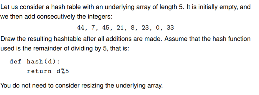 Let us consider a hash table with an underlying array of length 5. It is initially empty, and
we then add consecutively the integers:
44, 7, 45, 21, 8, 23, 0, 33
Draw the resulting hashtable after all additions are made. Assume that the hash function
used is the remainder of dividing by 5, that is:
def hash(d):
return d%5
You do not need to consider resizing the underlying array.
