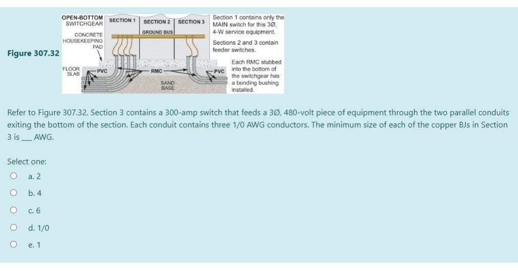 Section 1 contains only the
MAIN switch for this 30,
4-W service equipment.
OPEN-BOTTOM
SWITCHGEAR
SECTION 1
SECTION 2 | SECTION 3
GROUND BUS
CONCRETE
HOUSEKEEPING
PAD
Sections 2 and 3 contain
feeder switches.
Figure 307.32
Each RMC stubbed
into the bottom of
the switchgear has
a bonding bushing
installed.
FLOOR
SLAB
PVC
RMC
PVC
SAND
BASE
Refer to Figure 307.32. Section 3 contains a 300-amp switch that feeds a 30, 480-volt piece of equipment through the two parallel conduits
exiting the bottom of the section. Each conduit contains three 1/0 AWG conductors. The minimum size of each of the copper BJs in Section
3 is AWG.
Select one:
a. 2
b. 4
c. 6
d. 1/0
e. 1
