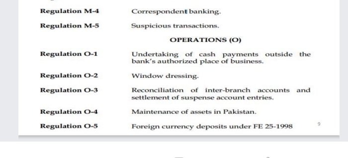 Regulation M-4
Correspondent banking.
Regulation M-5
Suspicious transactions.
OPERATIONSS (O)
Regulation O-1
Undertaking of cash payments outside the
bank's authorized place of business.
Regulation O-2
Window dressing.
Regulation O-3
Reconciliation of inter-branch accounts and
settlement of suspense account entries.
Regulation O-4
Maintenance of assets in Pakistan.
9.
Regulation O-5
Foreign currency deposits under FE 25-1998
