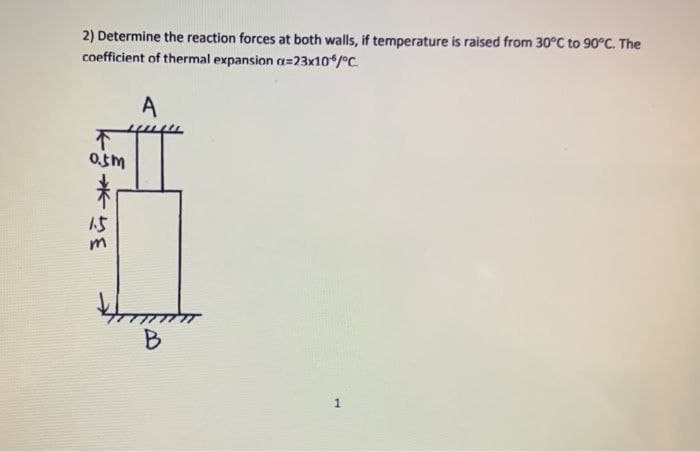 2) Determine the reaction forces at both walls, if temperature is raised from 30°C to 90°C. The
coefficient of thermal expansion a=23x10/°C
A
不
は
