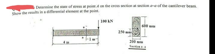 Determine the state of stress at point A on the cross section at section a-a of the cantilever beam.
Show the results in a differential element at the point.
4 m
a -1 m
100 KN
250 mm
1
600 mm
200 mm
Section a-a