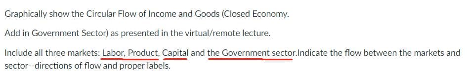 Graphically show the Circular Flow of Income and Goods (Closed Economy.
Add in Government Sector) as presented in the virtual/remote lecture.
Include all three markets: Labor, Product, Capital and the Government sector.Indicate the flow between the markets and
sector--directions of flow and proper labels.
