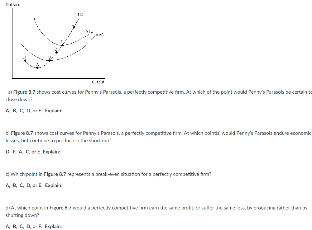 Dollars
MC
E
ATC
AVC
D.
B,
Output
a) Figure 8.7 shows cost curves for Penny's Parasols, a perfectly competitive firm. At which of the point would Penny's Parasols be certain to
close down?
А, В, С, D, or E. Explain:
b) Figure 8.7 shows cost curves for Penny's Parasols, a perfectly competitive fırm. At which point(s) would Penny's Parasols endure economic
losses, but continue to produce in the short run?
D, F, A, C, or E. Explain:
c) Which point in Figure 8.7 represents a break-even situation for a perfectly competitive fırm?
A, B, C, D, or E. Explain:
d) At which point in Figure 8.7 would a perfectly competitive firm earn the same profit, or suffer the same loss, by producing rather than by
shutting down?
A, B, C, D, or F. Explain:
