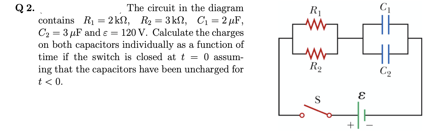 Q 2.
The circuit in the diagram
R1
contains R1 = 2 kN, R2 = 3kN, C1 = 2 µF,
C2 = 3 µF and ɛ =
on both capacitors individually as a function of
120 V. Calculate the charges
time if the switch is closed at t
0 assum-
ing that the capacitors have been uncharged for
R2
C2
t < 0.
S
+
