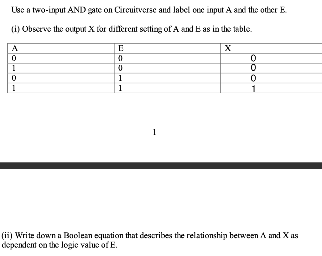 Use a two-input AND gate on Circuitverse and label one input A and the other E.
(i) Observe the output X for different setting of A and E as in the table.
A
E
1
1
1
1
1
1
(ii) Write down a Boolean equation that describes the relationship between A and X as
dependent on the logic value of E.
