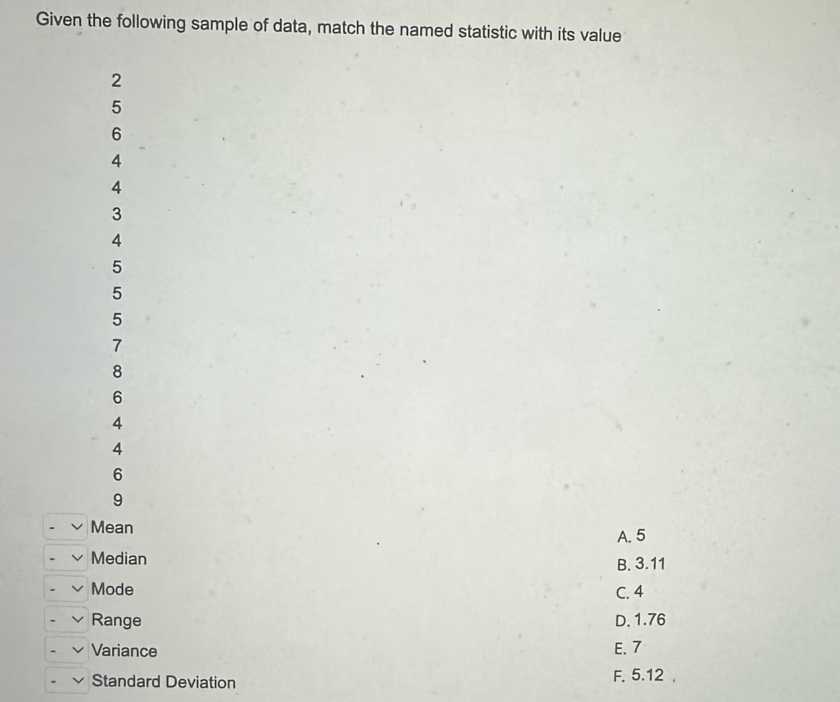 Given the following sample of data, match the named statistic with its value
256+ + 3 + 5 +469
4
4
4
5
5
8
6
✓ Mean
Median
✓ Mode
Range
Variance
Standard Deviation
A. 5
B. 3.11
C. 4
D. 1.76
E. 7
F. 5.12.