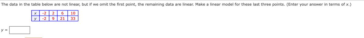 The data in the table below are not linear, but if we omit the first point, the remaining data are linear. Make a linear model for these last three points. (Enter your answer in terms of x.)
-2
2
10
y
-2
21
33
y =
