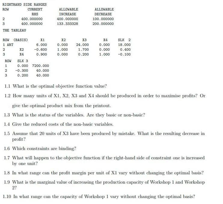 RIGHTHAND SIDE RANGES
ROW
CURRENT
ALLOWABLE
ALLOWABLE
RHS
INCREASE
DECREASE
2
400.000000
400.000000
100.000000
3
400.000000
133.333328
200.000000
THE TABLEAU
ROW (BASIS)
X1
X2
X3
X4
SLK 2
1 ART
6.000
0.000
24.000
0.000
18.000
X2
-0.600
1.000
1.700
0.000
0.400
3
X4
0.900
0.000
0.200
1.000
-0.100
ROW
SLK 3
0.000 7200.000
2
-0.300
40.000
3
0.200
40.000
1.1 What is the optimal objective function value?
1.2 How many units of X1, X2, X3 and X4 should be produced in order to maximise profits? Or
give the optimal product mix from the printout.
1.3 What is the status of the variables. Are they basic or non-basic?
1.4 Give the reduced costs of the non-basic variables.
1.5 Assume that 20 units of X3 have been produced by mistake. What is the resulting decrease in
profit?
1.6 Which constraints are binding?
1.7 What will happen to the objective function if the right-hand side of constraint one is increased
by one unit?
1.8 In what range can the profit margin per unit of X1 vary without changing the optimal basis?
1.9 What is the marginal value of increasing the production capacity of Workshop 1 and Workshop
2?
1.10 In what range can the capacity of Workshop 1 vary without changing the optimal basis?
