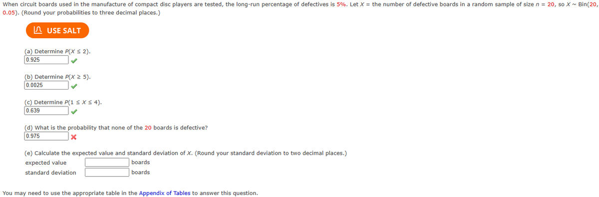 When circuit boards used in the manufacture of compact disc players are tested, the long-run percentage of defectives is 5%. Let X = the number of defective boards in a random sample of size n = 20, so X~ Bin (20,
0.05). (Round your probabilities to three decimal places.)
USE SALT
(a) Determine P(X ≤ 2).
0.925
(b) Determine P(X > 5).
0.0025
(c) Determine P(1 ≤ x ≤ 4).
0.639
(d) What is the probability that none of the 20 boards is defective?
0.975
X
(e) Calculate the expected value and standard deviation of X. (Round your standard deviation to two decimal places.)
expected value
boards
boards
standard deviation
You may need to use the appropriate table in the Appendix of Tables to answer this question.