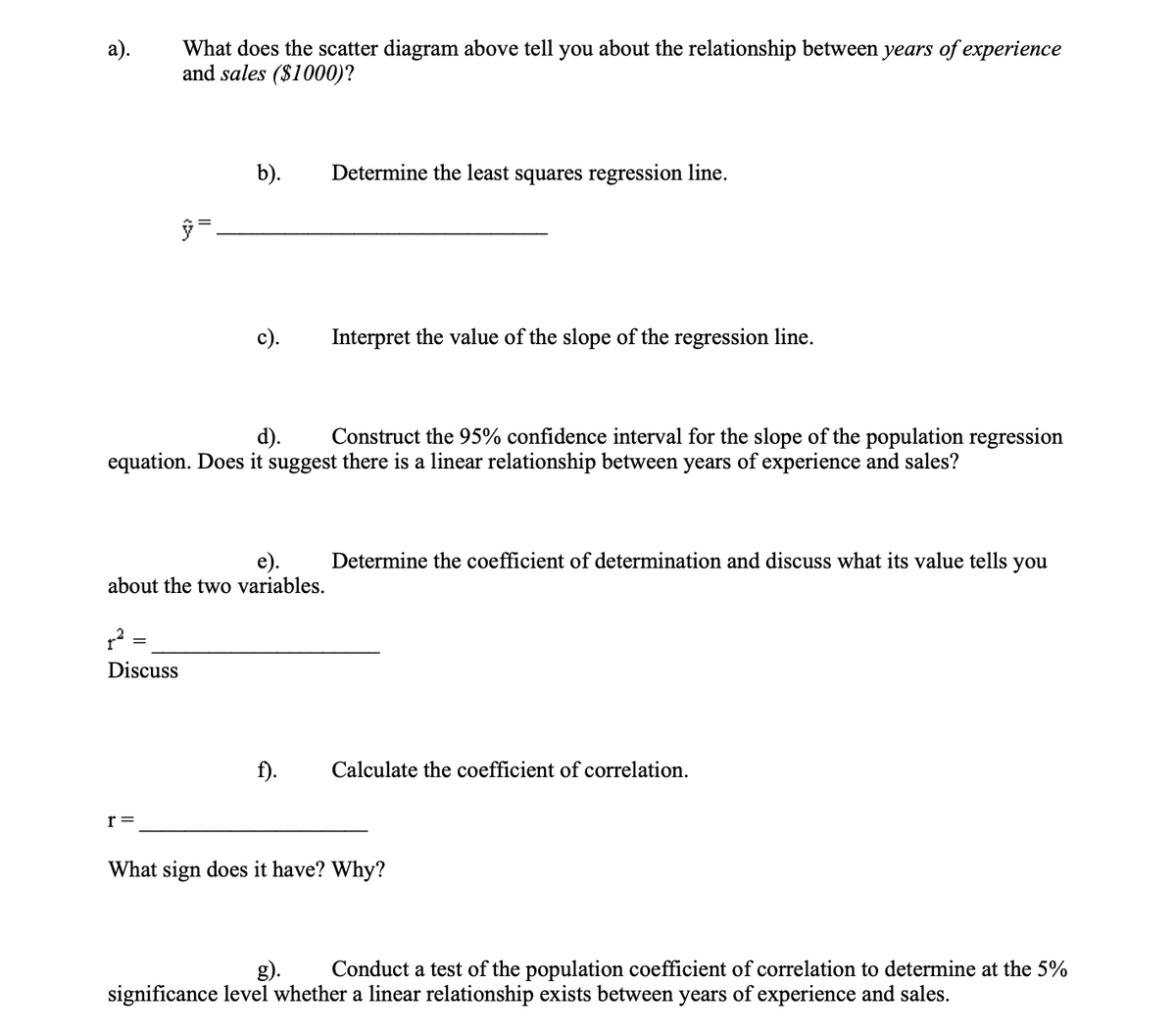 What does the scatter diagram above tell you about the relationship between years of experience
and sales ($1000)?
b).
Determine the least squares regression line.
c).
Interpret the value of the slope of the regression line.
d).
Construct the 95% confidence interval for the slope of the population regression
equation. Does it suggest there is a linear relationship between years of experience and sales?
e).
about the two variables.
Determine the coefficient of determination and discuss what its value tells you
Discuss
f).
Calculate the coefficient of correlation.
r =
What sign does it have? Why?
g).
Conduct a test of the population coefficient of correlation to determine at the 5%
significance level whether a linear relationship exists between years of experience and sales.
