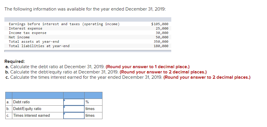 The following information was available for the year ended December 31, 2019:
Earnings before interest and taxes (operating income)
Interest expense
Income tax expense
$105,000
25,000
30,000
50,000
350,000
Net income
Total assets at year-end
Total liabilities at year-end
180,000
Required:
a. Calculate the debt ratio at December 31, 2019. (Round your answer to 1 decimal place.)
b. Calculate the debt/equity ratio at December 31, 2019. (Round your answer to 2 decimal places.)
c. Calculate the times interest earned for the year ended December 31, 2019. (Round your answer to 2 decimal places.)
a. Debt ratio
b. Debt/Equity ratio
c. Times interest earned
%
times
times
