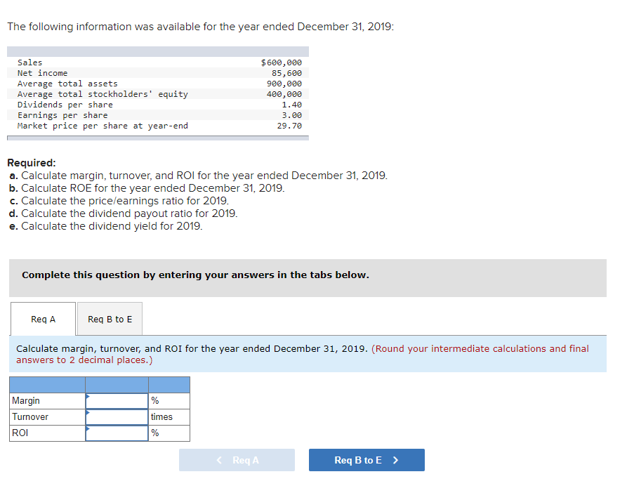 The following information was available for the year ended December 31, 2019:
Sales
$600,000
Net income
Average total assets
Average total stockholders' equity
Dividends per share
Earnings per share
Market price per share at year-end
85,600
900,000
400,000
1.40
3.00
29.70
Required:
a. Calculate margin, turnover, and ROI for the year ended December 31, 2019.
b. Calculate ROE for the year ended December 31, 2019.
c. Calculate the price/earnings ratio for 2019.
d. Calculate the dividend payout ratio for 2019.
e. Calculate the dividend yield for 2019.
Complete this question by entering your answers in the tabs below.
Reg A
Req B to E
Calculate margin, turnover, and ROI for the year ended December 31, 2019. (Round your intermediate calculations and final
answers to 2 decimal places.)
Margin
%
Turnover
times
ROI
%
< Req A
Req B to E >
