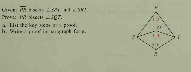 Given: PR bisects 2SPT and ZSRT.
Prove: PR bisects ZSQT.
a. List the key steps of a proof.
b. Write a proof in paragraph form.
3 4
T.
56
