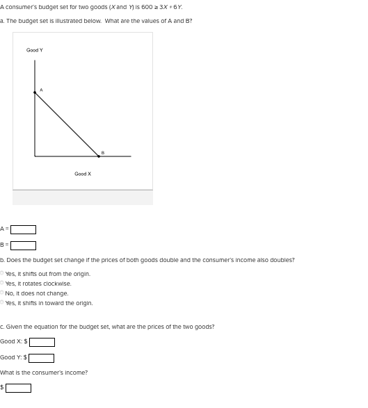 A
consumer's budget set for two goods (X and Y) is 600 z 3X+6Y.
a. The budget set is illustrated below. What are the values of A and B?
A=
B=
Good Y
00
b. Does the budget set change if the prices of both goods double and the consumer's income also doubles?
Yes, It shifts out from the origin.
Yes, it rotates clockwise.
No, it does not change.
Yes, It shifts in toward the origin.
Good Y: $
Good X
c. Given the equation for the budget set, what are the prices of the two goods?
Good X: $
$
What is the consumer's income?