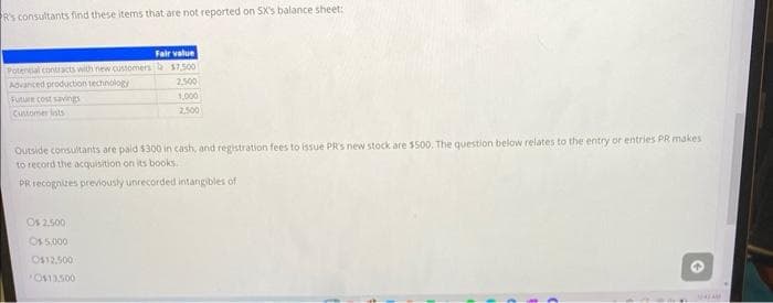 R's consultants find these items that are not reported on SX's balance sheet:
Potential contracts with new customers
Advanced production technology
Future cost savings
Customer lists
Fair value
$7,500
2,500
Os 2.500
O$ 5,000
O$12,500
20$13.500
1,000
2,500
Outside consultants are paid $300 in cash, and registration fees to issue PR's new stock are $500. The question below relates to the entry or entries PR makes
to record the acquisition on its books.
PR recognizes previously unrecorded intangibles of
e
UHAM