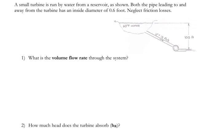 A small turbine is run by water from a reservoir, as shown. Both the pipe leading to and
away from the turbine has an inside diameter of 0.6 foot. Neglect friction losses.
GO°F WATER
1) What is the volume flow rate through the system?
2) How much head does the turbine absorb (hr)?
5*10 ft/s
100 ft