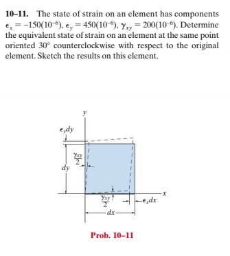 10-11. The state of strain on an element has components
e, = -150(10-9), e, = 450(10-9), yay = 200(10-6). Determine
the equivalent state of strain on an element at the same point
oriented 30° counterclockwise with respect to the original
element. Sketch the results on this element.
E,dy
Yay
dy
Yay
-E,dx
dx-
Prob. 10-11
