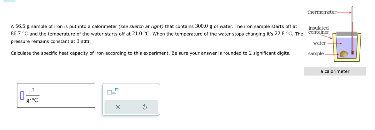 A 56.5 g sample of iron is put into a calorimeter (see sketch at right) that contains 300.0 g of water. The iron sample starts off at
86.7 °C and the temperature of the water starts off at 21.0 °C. When the temperature of the water stops changing it's 22.8 °C. The
pressure remains constant at 1 atm.
Calculate the specific heat capacity of iron according to this experiment. Be sure your answer is rounded to 2 significant digits.
J
0₂-C
x10
x
thermometer
insulated
container
water
sample
a calorimeter