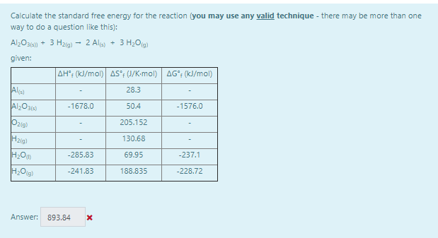 Calculate the standard free energy for the reaction (you may use any valid technique - there may be more than one
way to do a question like this):
AlzO316) + 3 H2ig) 2 Als)
3 H;Og)
given:
AH; (kJ/mol) AS; (J/K-mol) AG"; (kJ/mol)
Ala
AlO3)
Ozig)
Hzig)
28.3
-1678.0
50.4
-1576.0
205.152
130.68
-285.83
69.95
-237.1
-241.83
188.835
-228.72
Answer:
893.84
