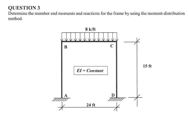 QUESTION 3
Determine the member end moments and reactions for the frame by using the moment-distribution
method.
B
*
8 k/ft
EI Constant
=
24 ft
C
15 ft