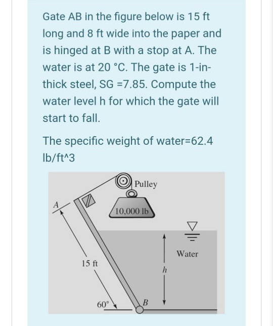 Gate AB in the figure below is 15 ft
long and 8 ft wide into the paper and
is hinged at B with a stop at A. The
water is at 20 °C. The gate is 1-in-
thick steel, SG =7.85. Compute the
water level h for which the gate will
start to fall.
The specific weight of water=62.4
Ib/ft^3
Pulley
10,000 lb
Water
15 ft
h
60°
