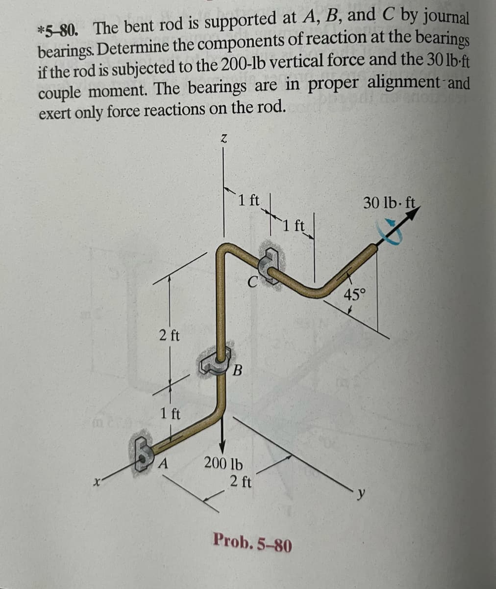 *5-80. The bent rod is supported at A, B, and C by journal
bearings. Determine the components of reaction at the bearings
if the rod is subjected to the 200-lb vertical force and the 30 lb-ft
couple moment. The bearings are in proper alignment and
exert only force reactions on the rod.
2 ft
1 ft
Z
1 ft
B
200 lb
2 ft
Prob. 5-80
30 lb. ft
450