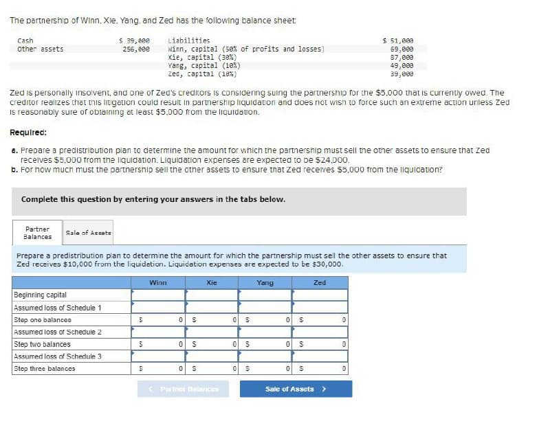 The partnership of Winn, Xie, Yang, and Zed has the following balance sheet:
Cash
Other assets
$ 39,000
256,000
Liabilities
$ 51,000
Winn, capital (50% of profits and losses)
Xie, capital (38%)
69,000
87,000
Yang, capital (10%)
zed, capital (18%)
49,000
39,000
Zed is personally insolvent, and one of Zed's creditors is considering suing the partnership for the $5,000 that is currently owed. The
creditor realizes that this litigation could result in partnership liquidation and does not wish to force such an extreme action unless Zed
is reasonably sure of obtaining at least $5,000 from the liquidation.
Required:
a. Prepare a predistribution plan to determine the amount for which the partnership must sell the other assets to ensure that Zed
receives $5,000 from the liquidation. Liquidation expenses are expected to be $24,000.
b. For how much must the partnership sell the other assets to ensure that Zed receives $5,000 from the liquidation?
Complete this question by entering your answers in the tabs below.
Partner
Balances
Sale of Assets
Prepare a predistribution plan to determine the amount for which the partnership must sell the other assets to ensure that
Zed receives $10,000 from the liquidation. Liquidation expenses are expected to be $30,000.
Beginning capital
Winn
Xie
Yang
Zed
Assumed loss of Schedule 1
Step one balances
$
0
$
0
S
0 $
0
Assumed loss of Schedule 2
Step two balances
$
0
S
0 S
0
69
0
Assumed loss of Schedule 3
Step three balances
$
0
$
0 S
0
$
Partner Balances
Sale of Assets >