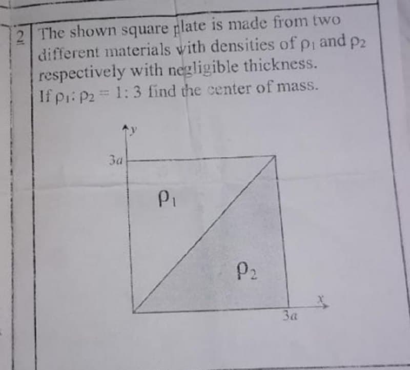 2 The shown square plate is made from two
different materials vith densities of pi and p2
respectively with negligible thickness.
If pr: P2 1:3 find the center of mass.
За
Pi
P2
За
