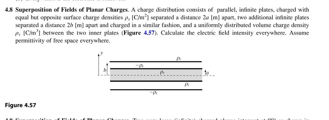 4.8 Superposition of Fields of Planar Charges. A charge distribution consists of parallel, infinite plates, charged with
equal but opposite surface charge densities p, [C/m²] separated a distance 2a [m] apart, two additional infinite plates
separated a distance 2b [m] apart and charged in a similar fashion, and a uniformly distributed volume charge density
ey [C/m³] between the two inner plates (Figure 4.57). Calculate the electric field intensity everywhere. Assume
permittivity of free space everywhere.
Ps
ta.
Ps
-Ps
Figure 4.57
4 009
