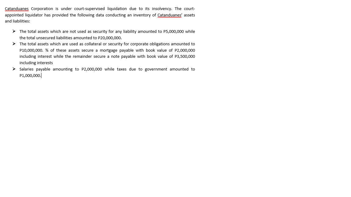 Catanduanes Corporation is under court-supervised liquidation due to its insolvency. The court-
appointed liquidator has provided the following data conducting an inventory of Catanduanes' assets
and liabilities:
➤ The total assets which are not used as security for any liability amounted to P5,000,000 while
the total unsecured liabilities amounted to P20,000,000.
> The total assets which are used as collateral or security for corporate obligations amounted to
P10,000,000. % of these assets secure a mortgage payable with book value of P2,000,000
including interest while the remainder secure a note payable with book value of P3,500,000
including interests
➤ Salaries payable amounting to P2,000,000 while taxes due to government amounted to
P1,000,000.