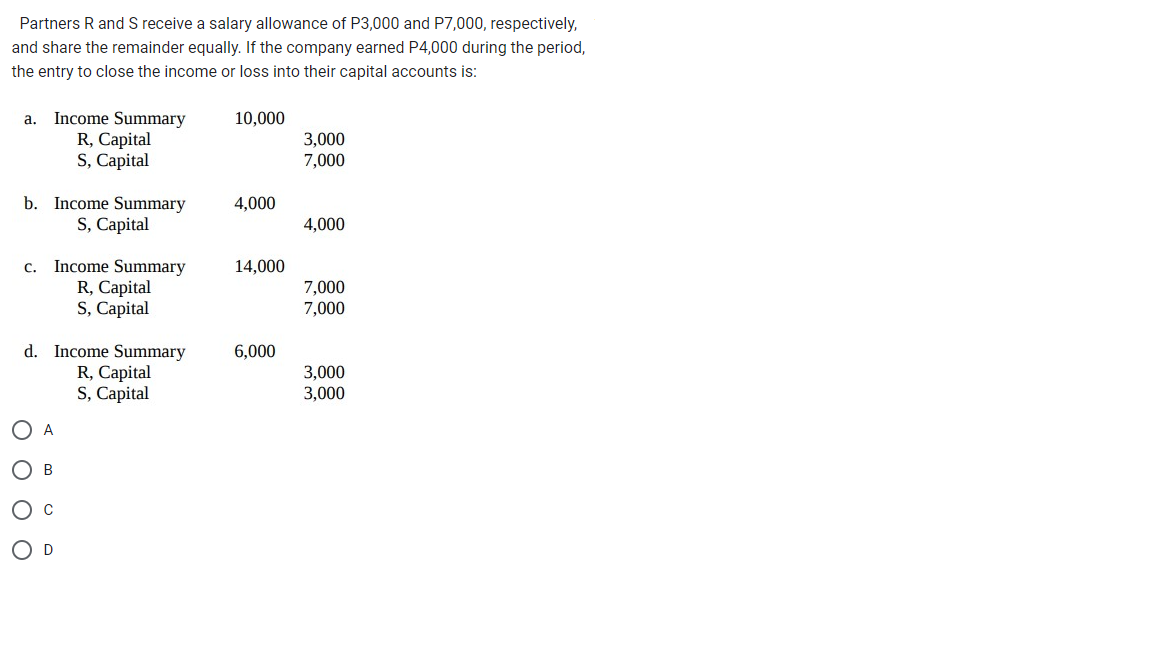 Partners R and S receive a salary allowance of P3,000 and P7,000, respectively,
and share the remainder equally. If the company earned P4,000 during the period,
the entry to close the income or loss into their capital accounts is:
a. Income Summary
R, Capital
S, Capital
b. Income Summary
S, Capital
c. Income Summary
R, Capital
S, Capital
d. Income Summary
R, Capital
S, Capital
Ο Ο Ο Ο
O A
O D
10,000
4,000
14,000
6,000
3,000
7,000
4,000
7,000
7,000
3,000
3,000