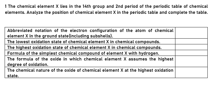 1 The chemical element X lies in the 14th group and 2nd period of the periodic table of chemical
elements. Analyze the position of chemical element X in the periodic table and complete the table.
Abbreviated notation of the electron configuration of the atom of chemical
element X in the ground state(including subshells).
The lowest oxidation state of chemical element X in chemical compounds.
The highest oxidation state of chemical element X in chemical compounds.
Formula of the simplest chemical compound of element X with hydrogen.
The formula of the oxide in which chemical element X assumes the highest
degree of oxidation.
The chemical nature of the oxide of chemical element X at the highest oxidation
state.
