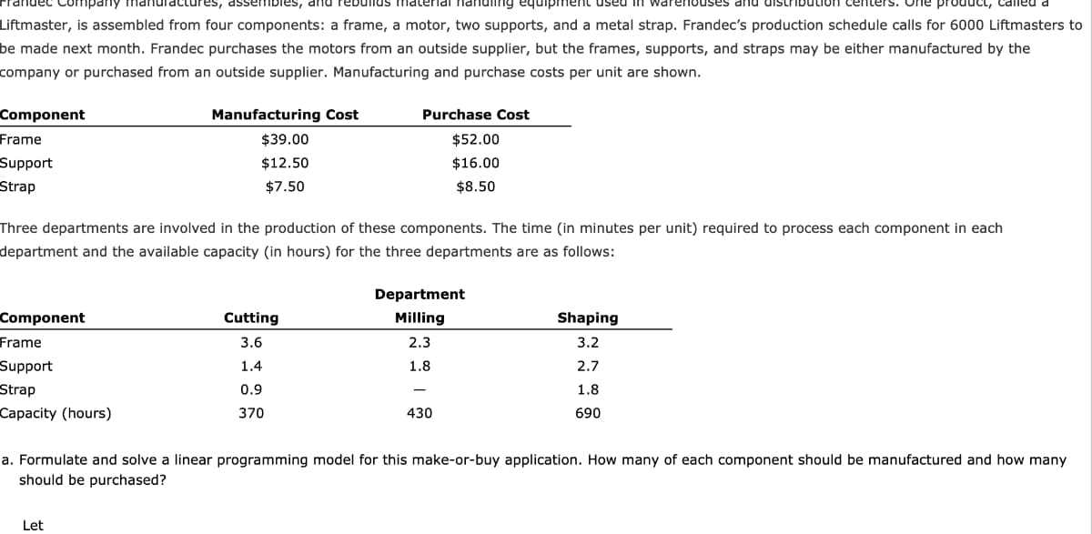 Pranuec Company mai
Tactures, assembles, and rebunds material handing equipment used Tn war
ses and uistr
iters. One product, called a
Liftmaster, is assembled from four components: a frame, a motor, two supports, and a metal strap. Frandec's production schedule calls for 6000 Liftmasters to
be made next month. Frandec purchases the motors from an outside supplier, but the frames, supports, and straps may be either manufactured by the
company or purchased from an outside supplier. Manufacturing and purchase costs per unit are shown.
Component
Manufacturing Cost
Purchase Cost
Frame
$39.00
$52.00
Support
$12.50
$16.00
Strap
$7.50
$8.50
Three departments are involved in the production of these components. The time (in minutes per unit) required to process each component in each
department and the available capacity (in hours) for the three departments are as follows:
Department
Component
Cutting
Milling
Shaping
Frame
3.6
2.3
3.2
Support
1.4
1.8
2.7
Strap
0.9
1.8
Capacity (hours)
370
430
690
a. Formulate and solve a linear programming model for this make-or-buy application. How many of each component should be manufactured and how many
should be purchased?
Let
