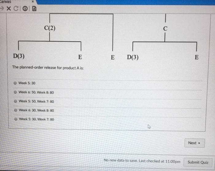 Canvas
→X COD
С(2)
C
D(3)
E
E
D(3)
E
The planned-order release for product A is:
O Week 5: 30
O Week 6: 50, Week 8: 80
Week 5: 50, Week 7: 80
e Week 6: 30. Week 8: 80
Week 5: 30, Week 7: 80
Next
No new data to save. Last checked at 11:00pm
Submit Quiz
