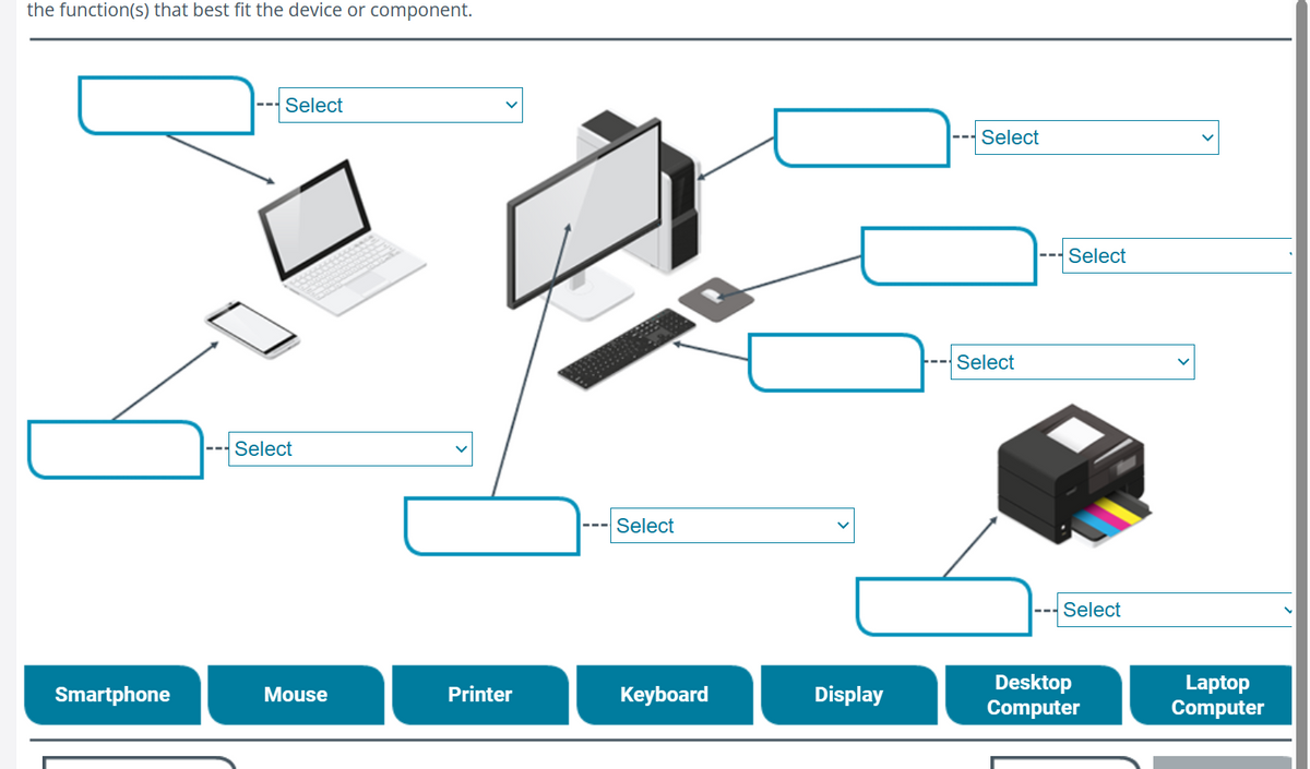 the function(s) that best fit the device or component.
Select
Select
Select
Select
Select
Select
Select
Desktop
Smartphone
Mouse
Printer
Keyboard
Display
Computer
Laptop
Computer