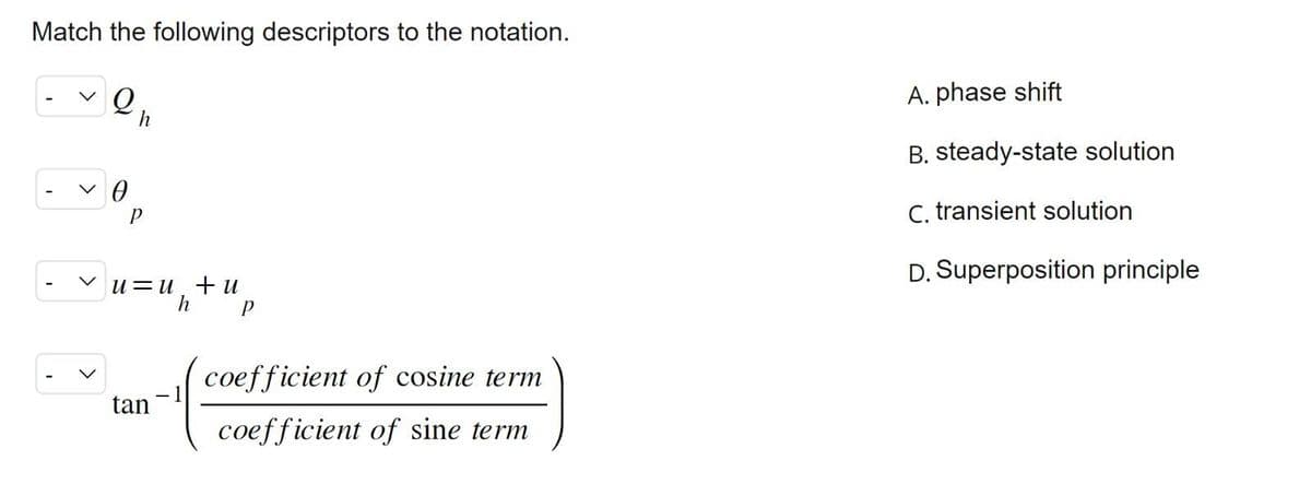 Match the following descriptors to the notation.
~ Qh
I
Ө
P
u= u + u
tan
h P
coefficient of cosine term
coefficient of sine term
A. phase shift
B. steady-state solution
C. transient solution
D. Superposition principle