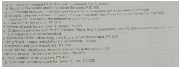 a. El Granado invested P157,000 cash to establish the business
b. Bought office desks and filing cabinet for cash, P15,150.
c. El Granado invested in the business her personal computer with a fair value of P57,500
d. Bought computer software for use in the business from Dela Torre Computer Center for P39,000
paying P15,000 down; the balance is due in thirty days.
e. Paid rent for the month, P5,300.
f. Received cash for services rendered, P5,160.
g. Ordered a panaflex sign for P9,000 from Royal Bright Enterprises, with P5,000 as down payment and
the balance due when installed.
h. Received bill for advertising from Buy and Sell newspaper, P3,320.
i. Bought print paper and stationary on account, P2,290
i Received and paid electric bill, P1,240.
k. Paid bill for advertising recorded previously in transaction (h).
Received cash for services rendered, P10,900.
m. Paid salaries to employees, P8,400.
El Granado withdrew cash for personal use, P4,500.
