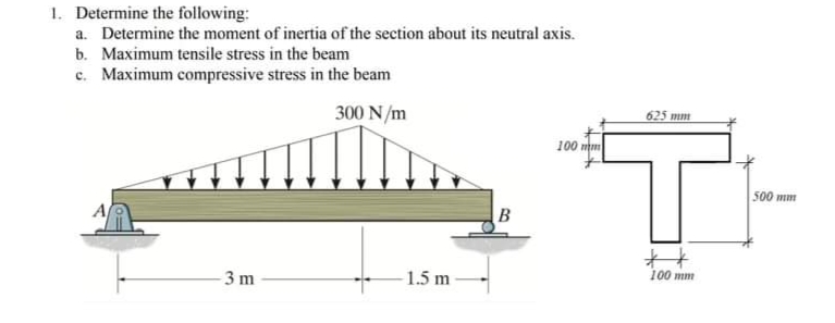 1. Determine the following:
a. Determine the moment of inertia of the section about its neutral axis.
b. Maximum tensile stress in the beam
c. Maximum compressive stress in the beam
300 N/m
625 mm
T:
100 mm
500 mm
A
B
3 m
1.5 m
100 mm
