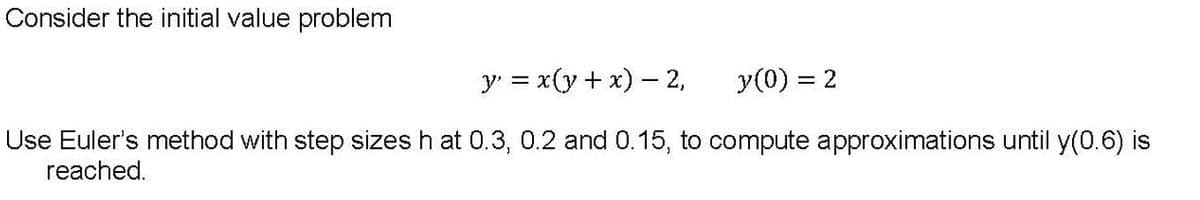 Consider the initial value problem
y = x(y + x) – 2,
y(0) = 2
Use Euler's method with step sizes h at 0.3, 0.2 and 0.15, to compute approximations until y(0.6) is
reached.
