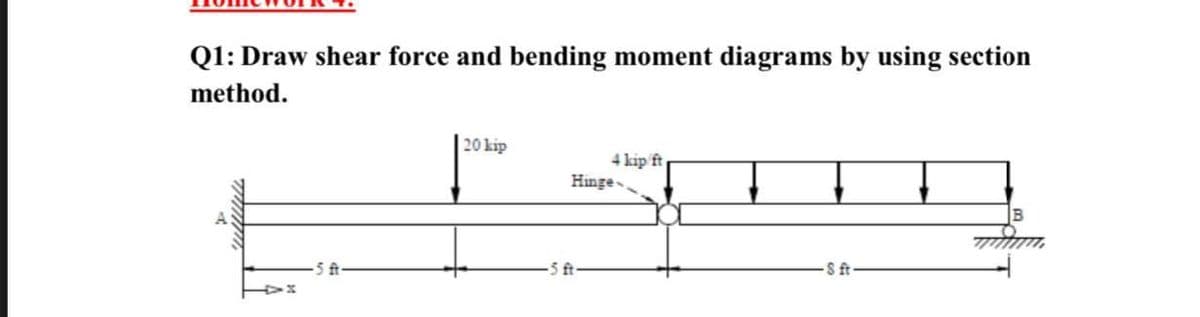 Q1: Draw shear force and bending moment diagrams by using section
method.
20 kip
4 kip ft
Hinge
ft
5 ft
S ft
