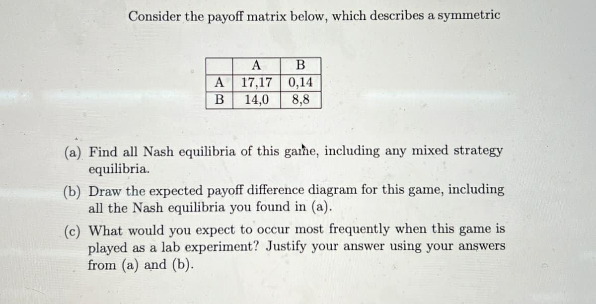 Consider the payoff matrix below, which describes a symmetric
A
B
A
17,17
0,14
B 14,0 8,8
(a) Find all Nash equilibria of this game, including any mixed strategy
equilibria.
(b) Draw the expected payoff difference diagram for this game, including
all the Nash equilibria you found in (a).
is
(c) What would you expect to occur most frequently when this game
played as a lab experiment? Justify your answer using your answers
from (a) and (b).