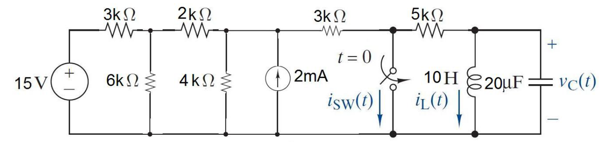 3k 2
2kN
3k2
5kN
t = 0
)2mA
isw(t)
4kN
10H 820uF
15 V
6k2
vc(t)
[] iL(1) |
İĻ(t)
+
