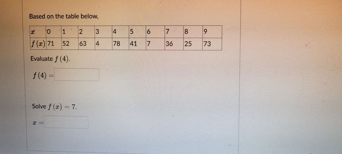 Based on the table below,
1
2.
3
4
15
6.
7
8.
f (x) 71
52
63
14
78
41
17
36
25
73
Evaluate f (4).
f (4)%3=
Solve f (x) = 7.
9.
