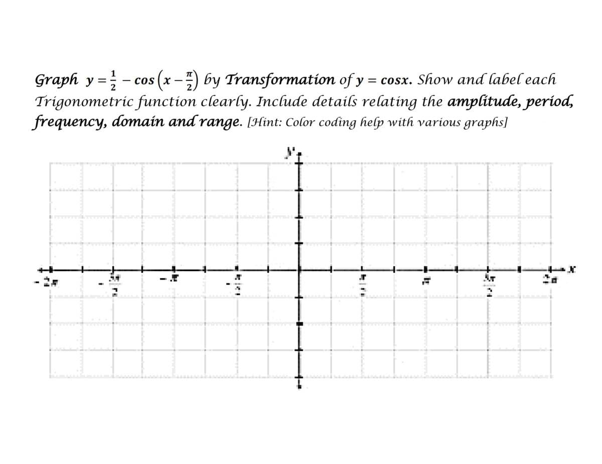 Graph y = - cos (x -) by Transformation of y = cosx. Show and label each
Trigonometric function clearly. Include details relating the amplitude, period,
frequency, domain and range. [Hint: Color coding help with various graphs]
