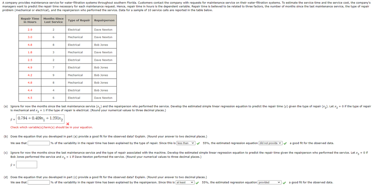 A company provides maintenance service for water-filtration systems throughout southern Florida. Customers contact the company with requests for maintenance service on their water-filtration systems. To estimate the service time and the service cost, the company's
managers want to predict the repair time necessary for each maintenance request. Hence, repair time in hours is the dependent variable. Repair time is believed to be related to three factors, the number of months since the last maintenance service, the type of repair
problem (mechanical or electrical), and the repairperson who performed the service. Data for a sample of 10 service calls are reported in the table below.
Repair Time Months Since
in Hours
Last Service
2.9
3.0
4.8
1.8
2.5
4.9
4.2
4.8
4.4
4.5
2
6
8
3
2
7
9
8
4
6
Type of Repair Repairperson
Electrical
Mechanical
Electrical
Mechanical
Electrical
Electrical
Mechanical
Mechanical
Electrical
Electrical
Dave Newton
ŷ =
X
Check which variable(s)/term(s) should be in your equation.
Dave Newton
Bob Jones
Dave Newton
Dave Newton
Bob Jones
Bob Jones
Bob Jones
Bob Jones
Dave Newton
(a) Ignore for now the months since the last maintenance service (x₁) and the repairperson who performed the service. Develop the estimated simple linear regression equation to predict the repair time (y) given the type of repair (x₂). Let x₂ = 0 if the type of repair
is mechanical and x₂ = 1 if the type of repair is electrical. (Round your numerical values to three decimal places.)
0.794 +0.409x +1.231x2
(b) Does the equation that you developed in part (a) provide a good fit for the observed data? Explain. (Round your answer to two decimal places.)
We see that
% of the variability in the repair time has been explained by the type of repair. Since this is less than
55%, the estimated regression equation did not provide
(c) Ignore for now the months since the last maintenance service and the type of repair associated with the machine. Develop the estimated simple linear regression equation to predict the repair time given the repairperson who performed the service. Let x3 = 0 if
Bob Jones performed the service and x3 = 1 if Dave Newton performed the service. (Round your numerical values to three decimal places.)
ŷ =
(d) Does the equation that you developed in part (c) provide a good fit for the observed data? Explain. (Round your answer to two decimal places.)
We see that
% of the variability in the repair time has been explained by the repairperson. Since this is at least
a good fit for the observed data.
55%, the estimated regression equation provided
a good fit for the observed data.