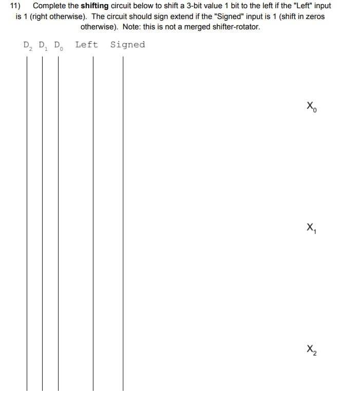 11) Complete the shifting circuit below to shift a 3-bit value 1 bit to the left if the "Left" input
is 1 (right otherwise). The circuit should sign extend if the "Signed" input is 1 (shift in zeros
otherwise). Note: this is not a merged shifter-rotator.
Left
Signed
D₂ D₁ Do
1
хо
X₁
X₂