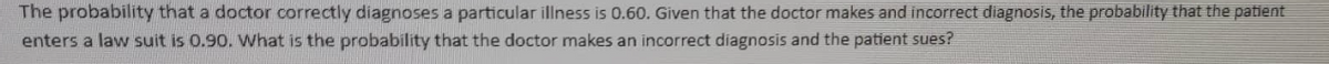 The probability that a doctor correctly diagnoses a particular illness is 0.60. Given that the doctor makes and incorrect diagnosis, the probability that the patient
enters a law suit is 0.90. What is the probability that the doctor makes an incorrect diagnosis and the patient sues?