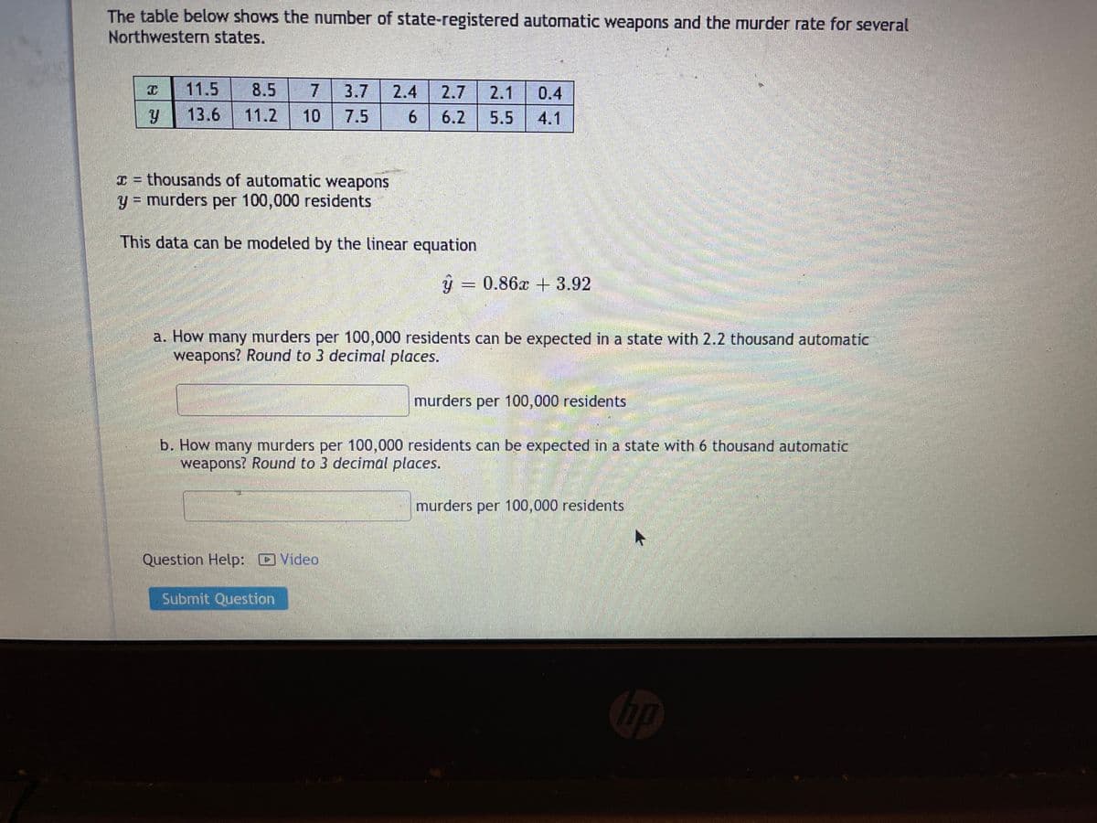 The table below shows the number of state-registered automatic weapons and the murder rate for several
Northwestern states.
11.5
7.
11.2
8.5
3.7
2.4
2.7
2.1
0.4
13.6
10
7.5
6.
6.2
5.5
4.1
I = thousands of automatic weapons
y= murders per 100,000 residents
This data can be modeled by the linear equation
ý =
0.86x +3.92
a. How many murders per 100,000 residents can be expected in a state with 2.2 thousand automatic
weapons? Round to 3 decimal places.
murders per 100,000 residents
b. How many murders per 100,000 residents can be expected in a state with 6 thousand automatic
weapons? Round to 3 decimal places.
murders per 100,000 residents
Question Help: Video
Submit Question
